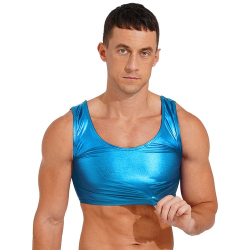 Men's Top Shiny Glossy Metallic Long Sleeve/Sleeveless T-shirt Party Club-wear - Picture 124 of 148