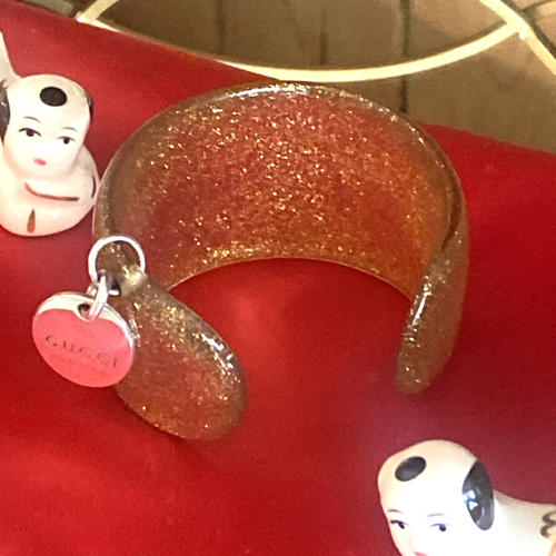 FLASH SALE! Gucci Sterling Silver 925 Logo Gold Glitter Lucite Cuff Bracelet Vtg - Picture 6 of 13