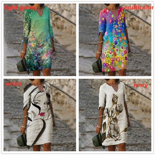 Plus Size 3/4 Sleeve Floral Print Smock Dress Shirt Dress V-neck Womens Dress - Bild 4 von 13