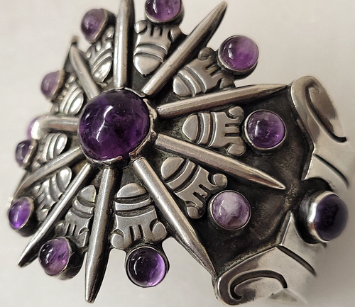 William Spratling Taxco Sol Sunburst Amethyst & Sterling Cuff Bracelet 101gr - Picture 9 of 14