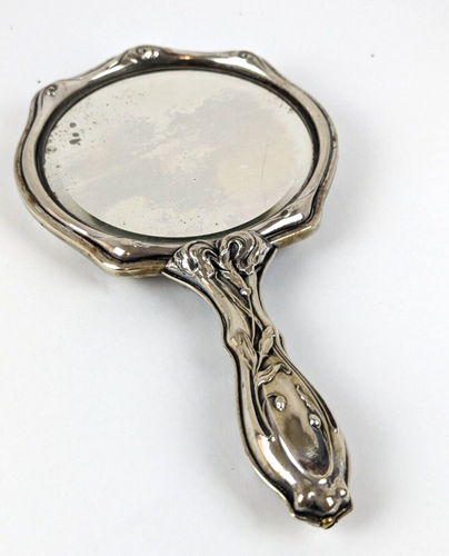 Art Nouveau Hand Mirror Nude Lady w Butterfly Lily Flowers German Silver 1905 - Picture 10 of 13