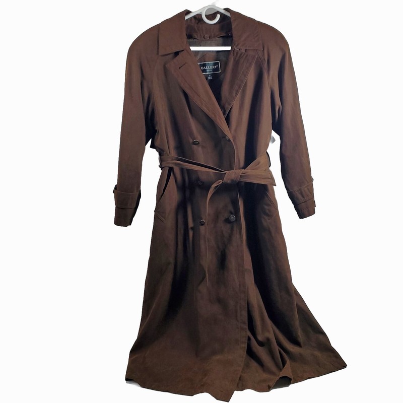Brown Long Trench Coat by Gallery Double Breasted Belt Removable Lining 8P Mint Brown Long Trench Coat by Gallery Double Breasted Belt Removable Lining 8P Mint