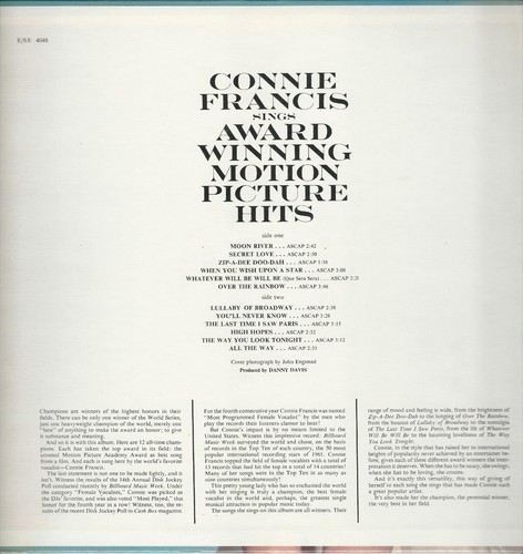 Connie Francis "Sings Award Winning Motion Picture Hits" 1962 MGM Stereo SE 4048 - Picture 2 of 4