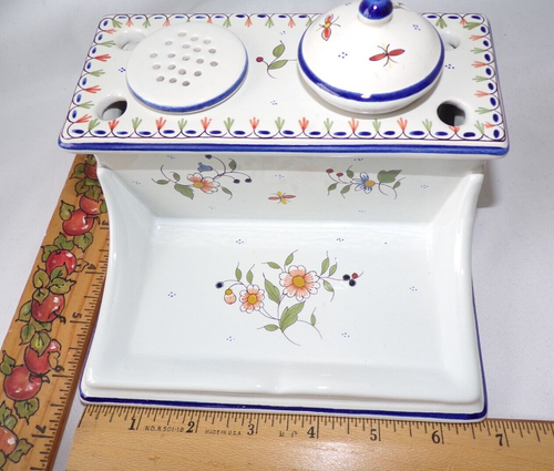 French Faience Hand Painted Stand, Inkwell, Cover, & Sander Vintage Floral Motif - Picture 21 of 24