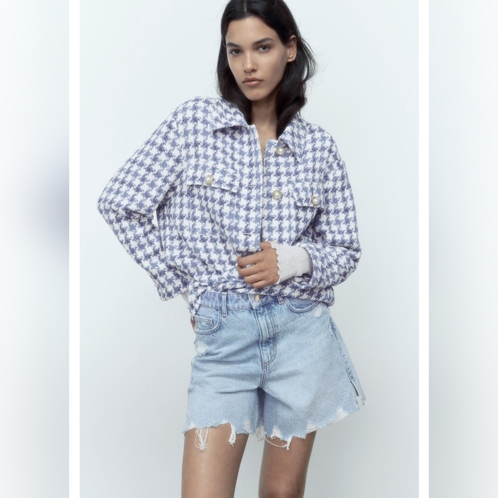 ZARA TEXTURED TWEED PEARL HOUNDSTOOTH JACKET OVERSHIRT BLUE