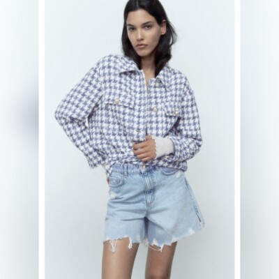 ★ZARA★ HOUNDSTOOTH JACKET ZARA BLUE TEXTURED KNIT PLAID CHECK HOUNDSTOOTH BLAZER