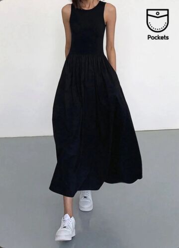 Commense Women's Leisure Crew Neck Maxi Dress Casual Sleeveless Black Sz XL - Picture 3 of 15
