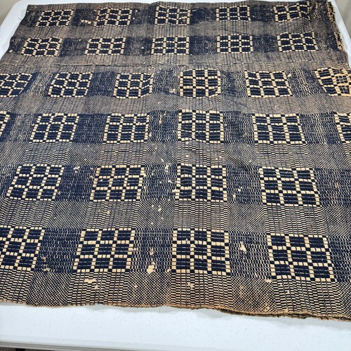 Antique handmade coverlet woven Jacquard Loomed Wool 1800s blue american rustic