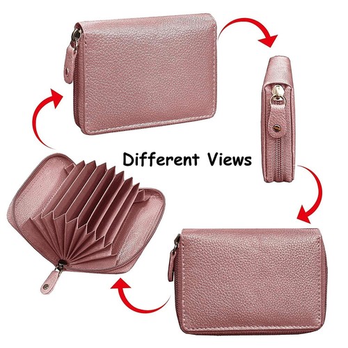 Leather Wallet Lightweight Card Case Holder For Unisex Zipper 7 Card Slots Pink - Picture 4 of 7