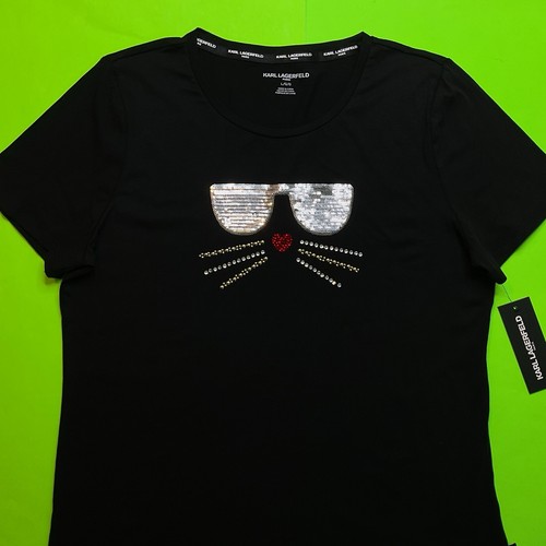 KARL LAGERFELD Women’s Short Sleeve T-Shirt LARGE Black w/Silver, Gold, Red - Picture 3 of 16