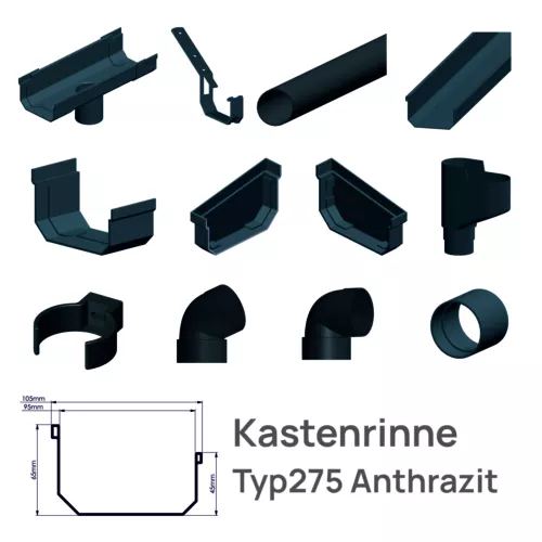 Dachrinne Kastenrinne RG95 Regenrinne Anthrazit | Fallrohre DN60 Kunststoff PVC