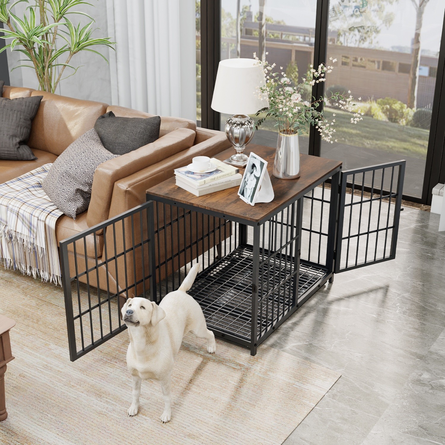Holz Hundekäfig Möbel Beistelltisch Hundebox Hütte Hundehau für Zuhause 3 Türen