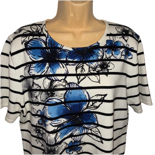 Alfred Dunner Top Size L Floral Short Sleeves Striped Cotton/Acrylic Rhinestones - Picture 5 of 12
