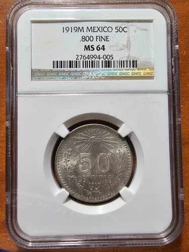 1919 Mexico 50 Centavos   .800 Silver NGC MS 64  KM 446