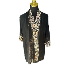 Vintage 90s Gilligan O  Malley Black Floral Trim Wrap Robe Size Small