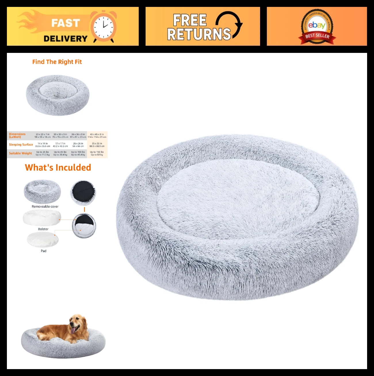Washable Donut Pet Bed with Removable Cover, Faux Fur, Anti-Slip Bottom, 45"x45"