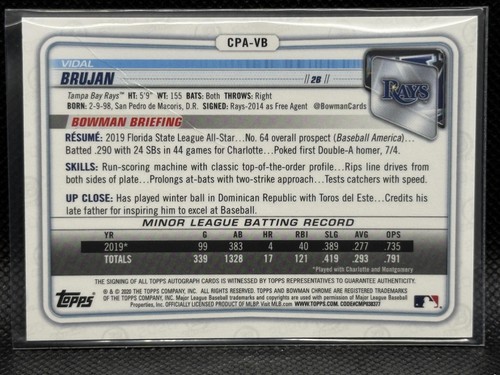 2020 Bowman #CPA-VB Vidal Brujan Chrome Prospect Auto Yellow Refractor #/75 - Picture 2 of 2