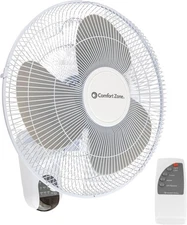 Comfort Zone 16-inch Wall Mount Fan with Remote Control, Quiet 3-Speed Operation