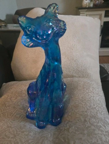Fenton Blue Carnival Glass Winking Alley Cat
