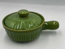 Vintage Over And Back Green Yellow Ware Baking Ramekin With Lid 7”x2.5” EUC!