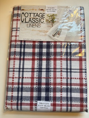 Cottage Classic Linens 52x70 Oblong July 4th Cross Stitch Plaid Tablecloth