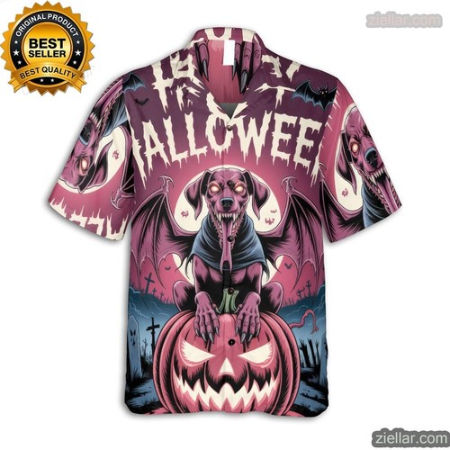 Camicia hawaiana spaventosa cane Vizsla Halloween con stampa zucca e ali di pipistrello - Foto 4 di 6