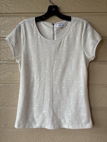 Calvin Klein womens Lined Lace Back Zip T Shirt Top size Medium Off White