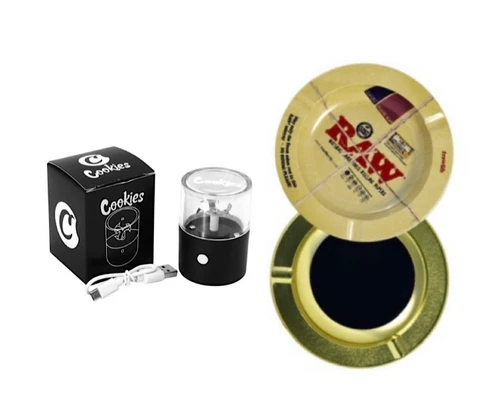 raw round metal magnetic 5.5” ash tray+rechargeable electric  grinder - product listing photo