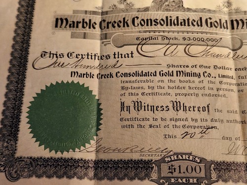 Antique, 1904 Marble Creek Gold Mining Co, 100 Shares. Thunder Mountain Idaho - Picture 4 of 8