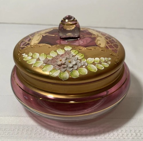 Tarro floral dorado dorado de vidrio artístico bohemio checo con tapa flores esmaltadas - Imagen 23 de 23