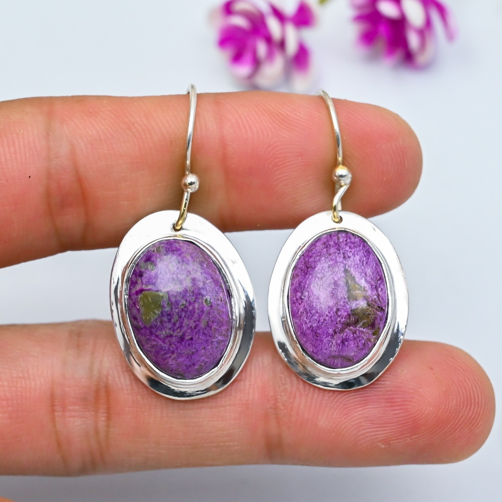 Natural Charoite Gemstone Handmade Sterling Silver Earrings Gift Jewelry