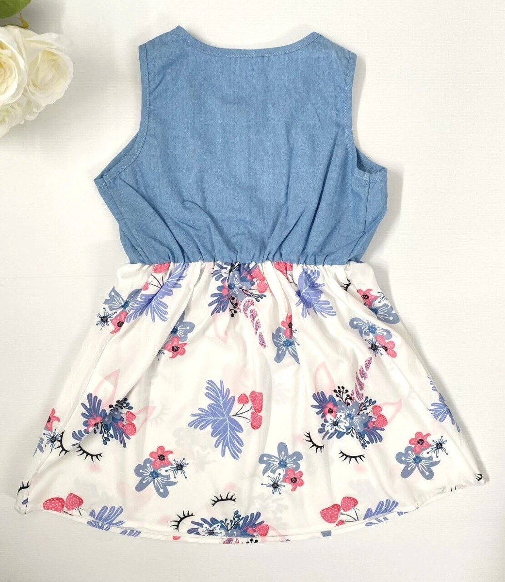 Girls dress strawberry unicorn blue chambray dress