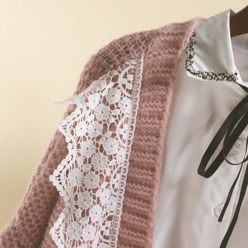 Women Cardigan Sweater Lace Edge Buttonless Long Sleeve Knitted Coat Warm Retro - Picture 4 of 12