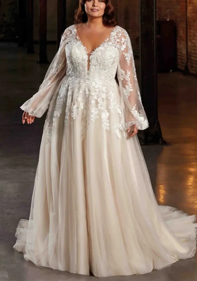 Vestido de novia de encaje fluido vestido de novia hecho a medida talla grande 2-28W botones marfil Foto 4 de 4