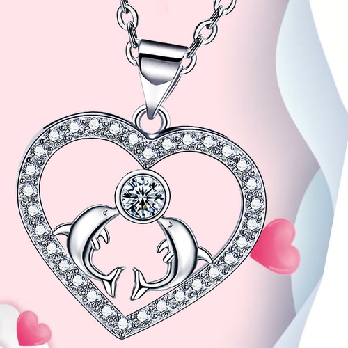 Heart Pendant Necklace for Women 18k White Gold Plated Love Dolphin Necklace - Picture 2 of 7