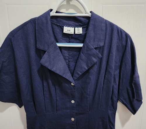 Halston Womens Short Sleeve Button Down Pleated Midi Dress Linen Blend Blue Sz 4 - Picture 2 of 9