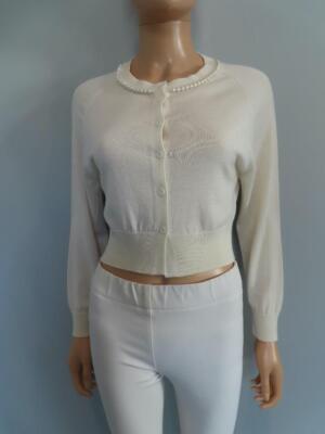 Simone Rocha Ecru Faux Pearl Detail Cropped Thin Knit Cardigan Sweater Size S