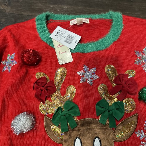 It’s Our Time Christmas Sweater Womens XXL Rudolph Reindeer Sequined Pom Bow Red - Picture 3 of 14