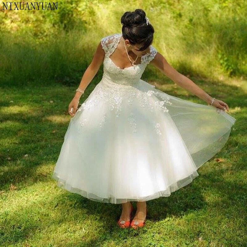 Hot Vintage Short A Line Sweetheart Lace Tea Length Bridal Gowns Wedding Dresses