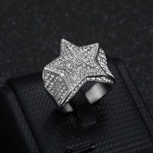 Men's Full Rhinestone Inlay Star Ring Stainless Steel Pentagram HipHop Rock Ring - Picture 6 of 12