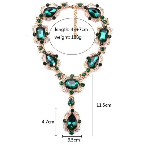 Statement Necklace Big Green Rhinestones Bling Gold Tone - Picture 2 of 2