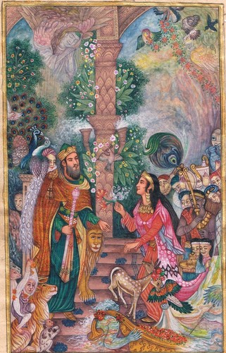 Persian Miniature PaintingArt Of Beautiful King & Queen With Animals 6x9 Inches - Picture 3 of 5