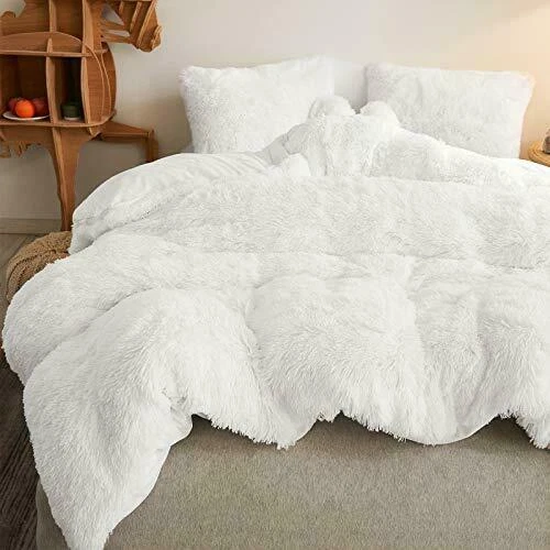 NEW! ~ COZY ULTRA SOFT PLUSH IVORY WHITE FAUX FUR SHAGGY FLUFFY COMFORTER  SET