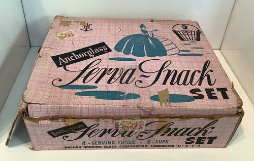 VINTAGE ANCHOR HOCKING SERVA SNACK SET 4 Cups & 4 Plates - In Original Box