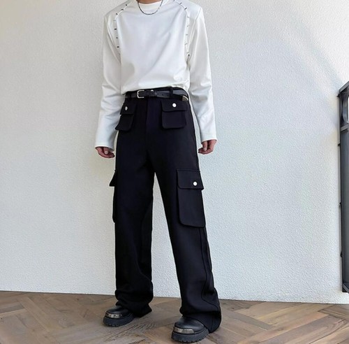 Para Hombre Moda Otoño Juventud Informal Suelto Negro Remache Pantalones Multibolsillo - Imagen 3 de 12