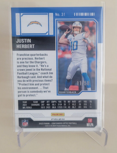 2023 PANINI CONTENDERS OPTIC JUSTIN HERBERT ORANGE PRIZM SEASON #31 Ser #11/50 - Picture 2 of 2