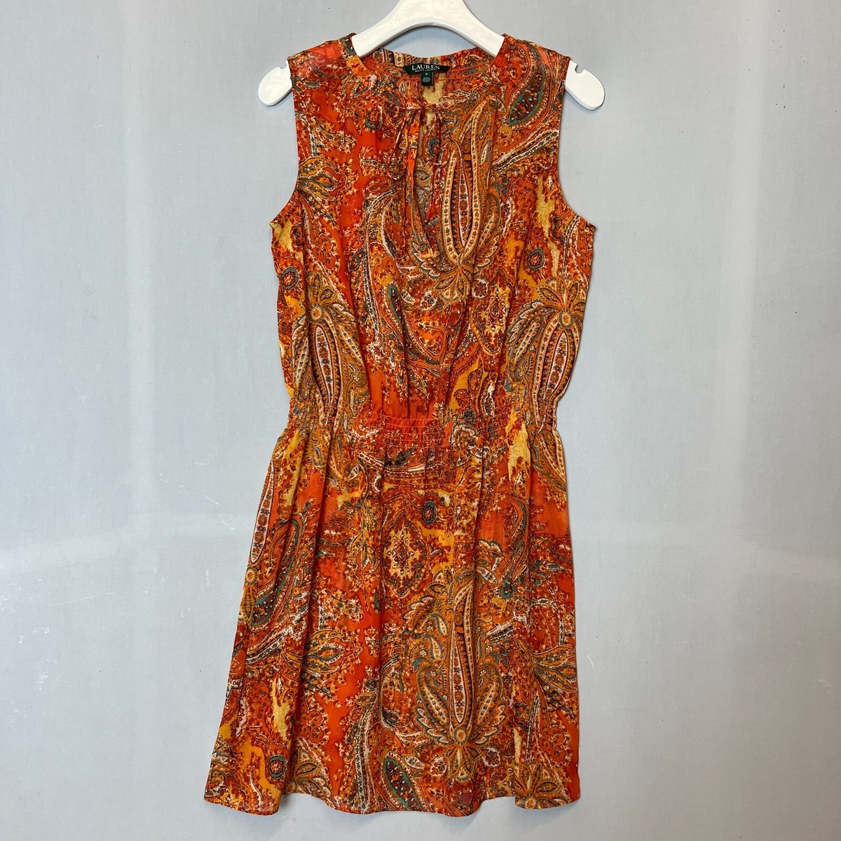 【RALPH LAUREN】Paisley シフォン ノースリーブ ガウン ドレス Ralph Lauren Dress Womens 8 Orange Sleeveless Blouson Split