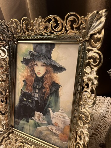 Teatime Witch, Vintage Gold Metal Fancy Frame, Framed Print A - Picture 3 of 5
