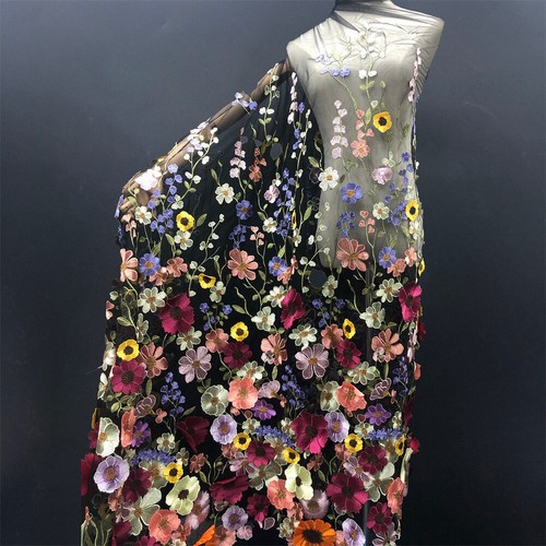 Multi-color 3D Flowers Applique Embroidery Tulle Wedding Fairy Prom Dress Fabric - Picture 9 of 13
