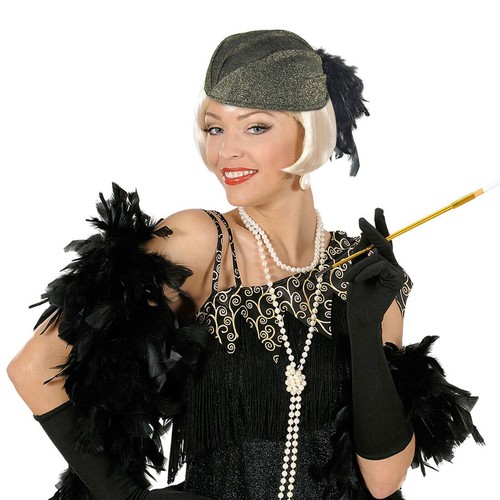 20er Jahre Flapper Girl Mütze mit Federn Gold-Grau Kostüm-Zubehör Charleston-Hut - Bild 2 von 2
